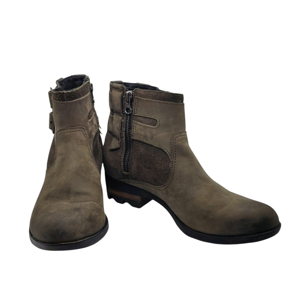 Sorel Phoenix Moto Ankle Boots Quarry Grey Leather Suede Buckle NL3080-245 7.5